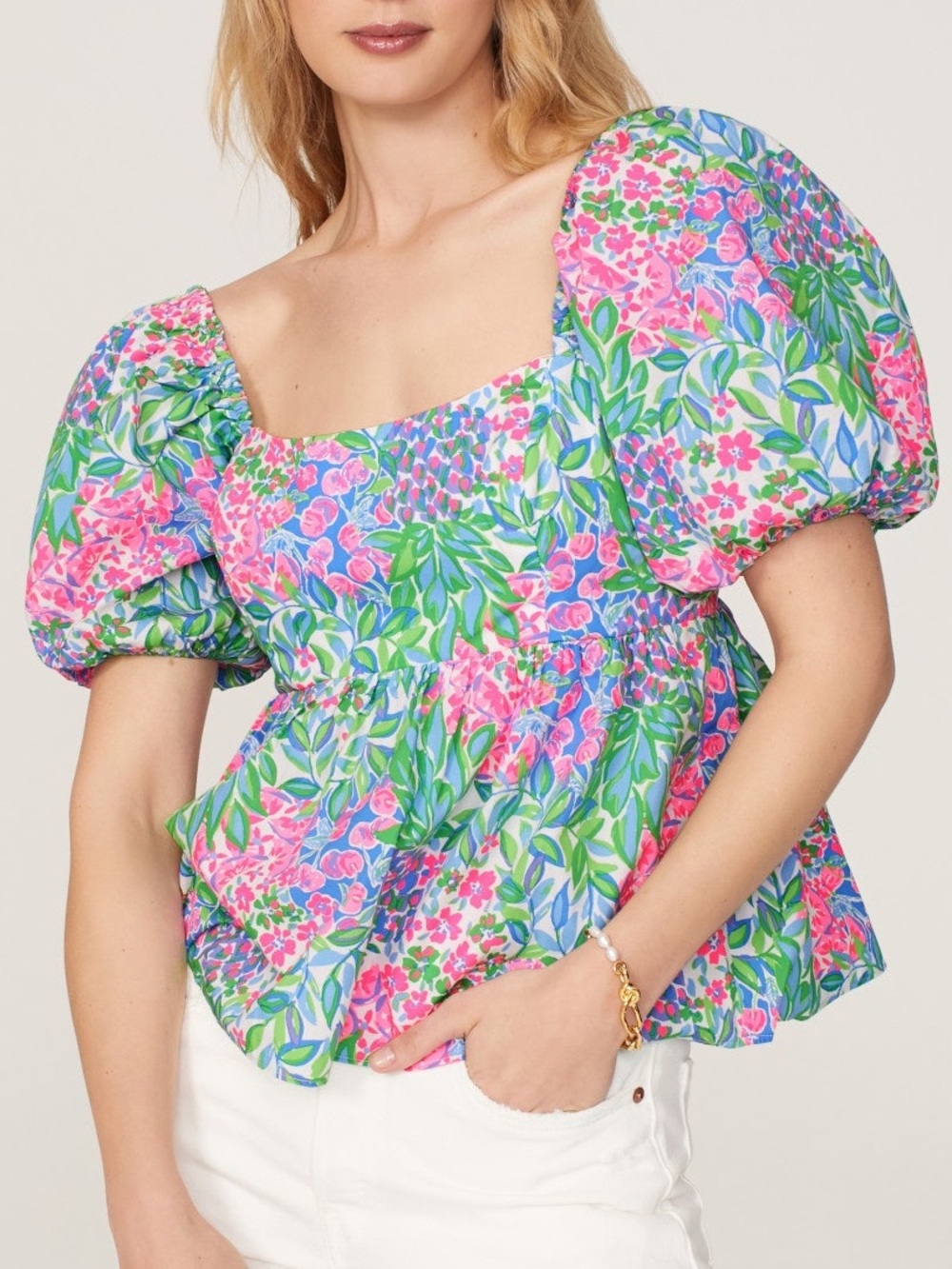 Lily‎ Pulitzer Floral Puff-Sleeve Square Neck Top - Pink & Green